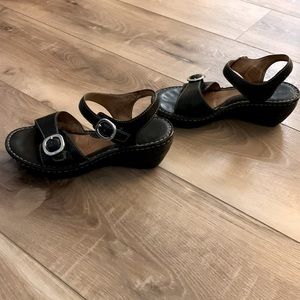 Black born wedge sandals, size 8
